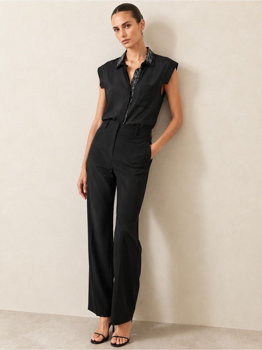 Reiss Neala 100% Silk Black Sleeveless Collared Blouse Size 2